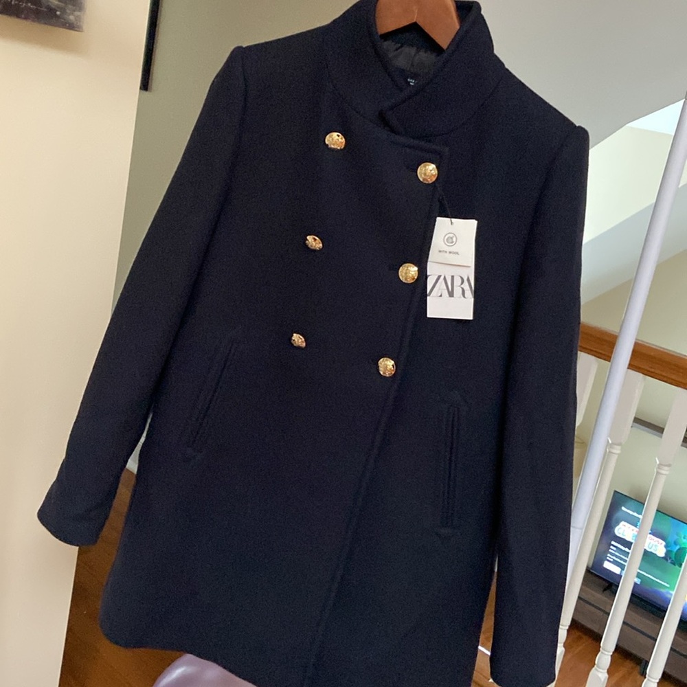 Zara Black Double-Breasted Wool Coat with Gold Buttons